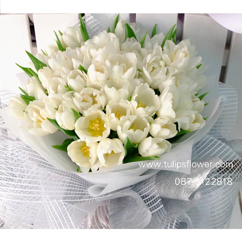 ช่อดอกไม้สด ช่อดอกไม้ บริการจัดดอกไม้ในราคาหน้าร้านเริ่มต้นที่ 1000 บาท ช่อดอกไม้สด  พวงหรีด - ช่อดอกทิวลิปสีขาว Vd 9920